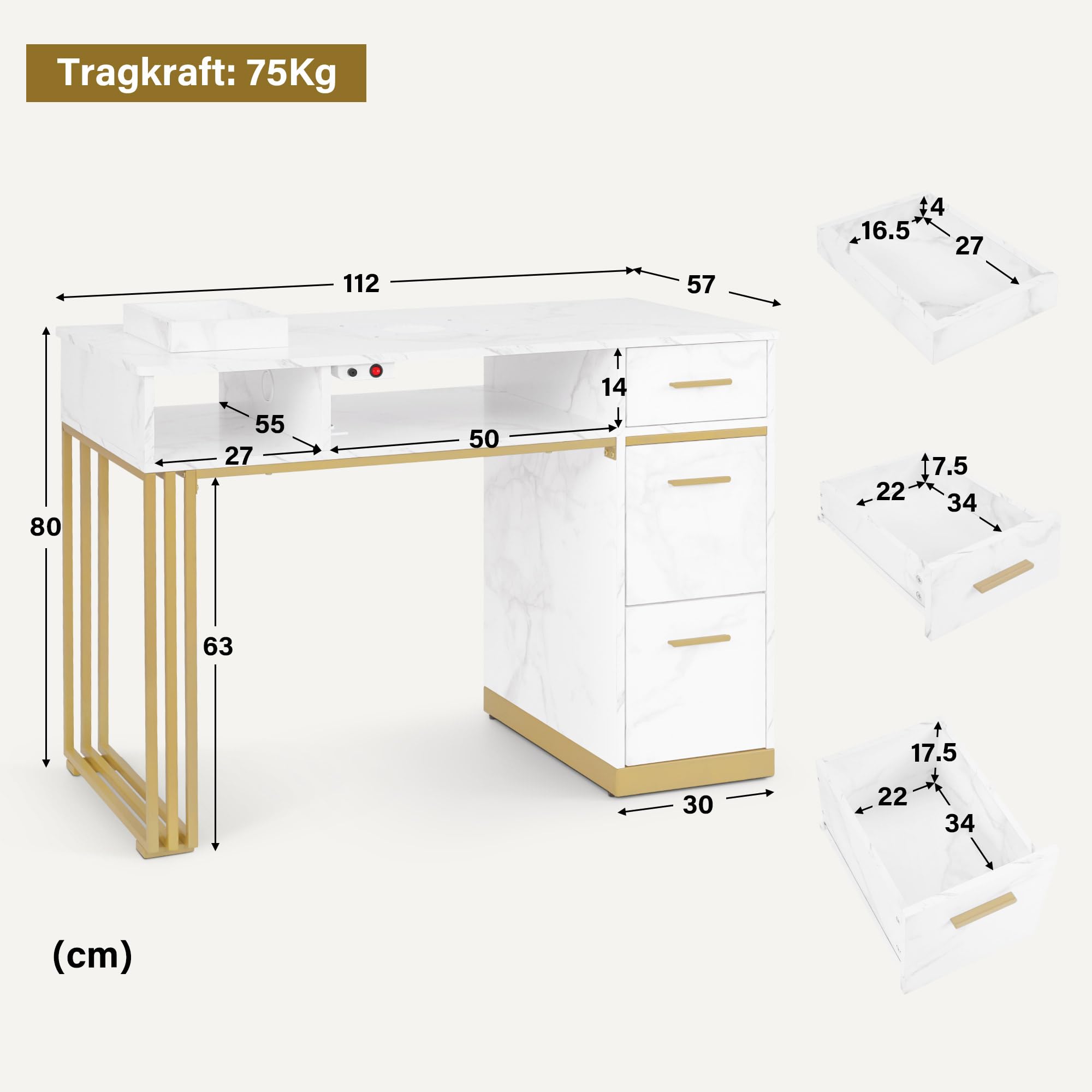 Barberpub tavolo da manicure con 3 cassetti e 2 ripiani, tavolo per unghie con aspirazione, in legno oro bianco in marmo, 57x112x80cm, 2472