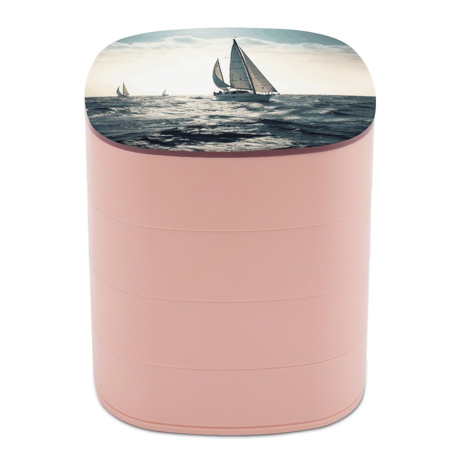 VstaDank Ocean Sailing Jewelry Box with Mirror Travel Small Jewelry Case for Women 4-Layer Rotatable Jewelry Organizer Storage Box Portable Jewelry Storage Case for Rings Earrings