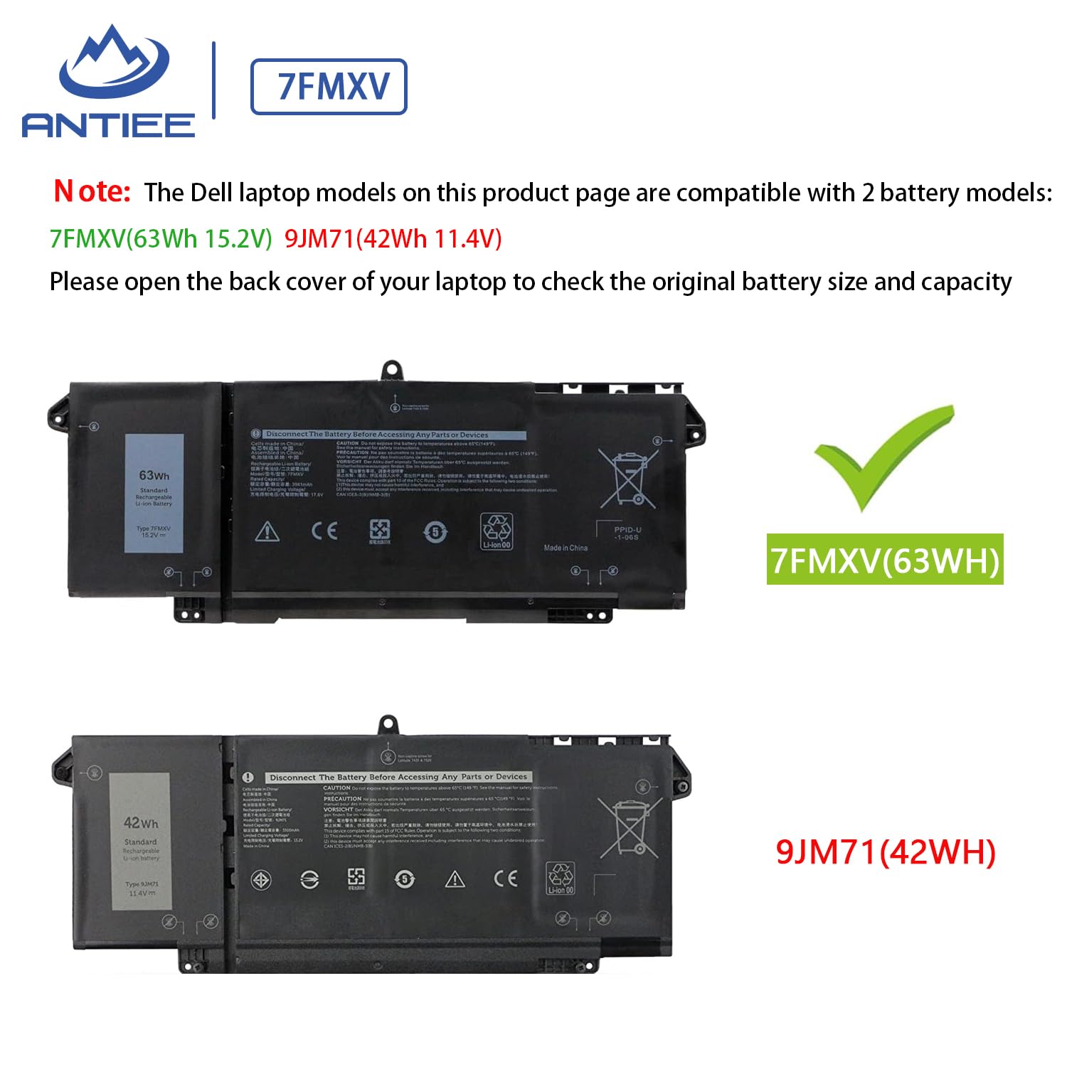 ANTIEE 63Wh 7FMXV Laptop Batería Replacement pour DELL Latitude 5320 7320 7420 7520 13 5320(2-in-1) Series TN2GY 0TN2GY 9JM71 4M1JN 1PP63 727CG HDGJ8 0HDGJ8 MHR4G CN-0727CG CN-0TN2GY 15.2V 4Cell