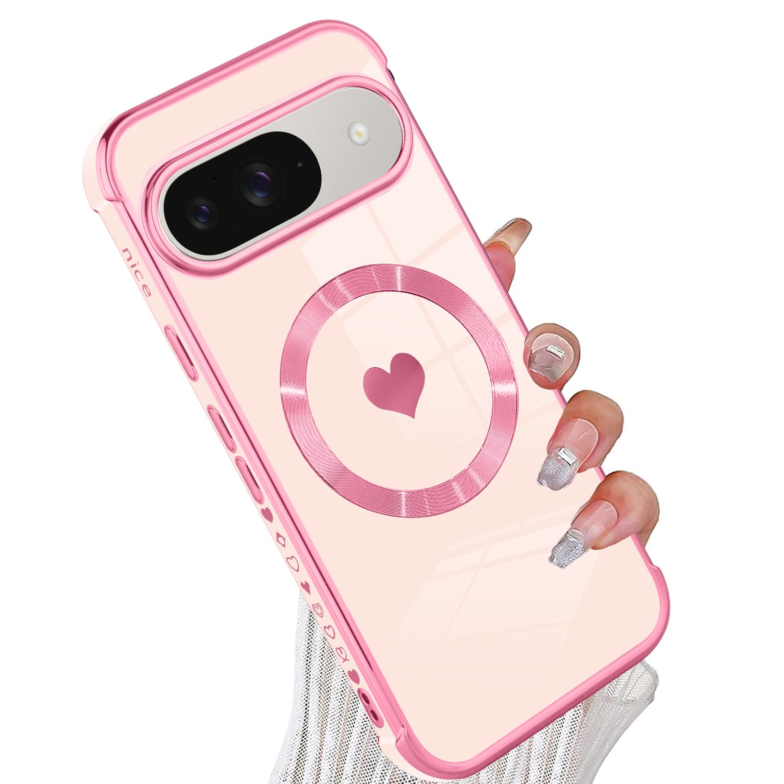 tharlet Magnetic for Google Pixel 9/9 Pro Case [Compatible with Magsafe] Cute Love Heart Luxury Plating Gold Edge Bumper Case with Full Camera Lens