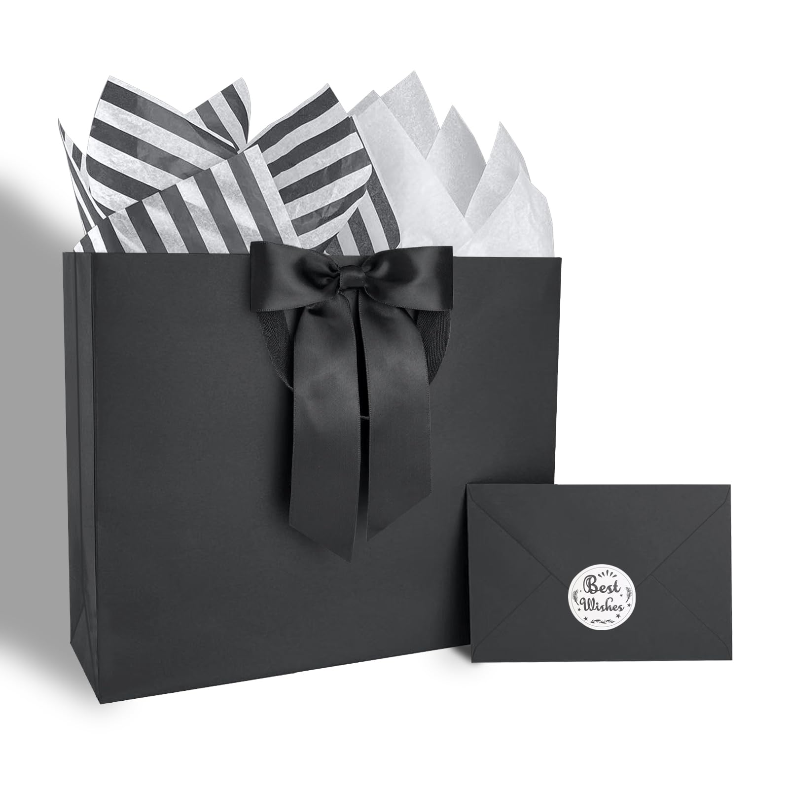 ZHIAXTON Black Gift Bags with Handles,11.8x3.9x9.8 Inch Gift Bags Medium Size with Tissue Paper,Cards and Bow,Black Gift Bag for Father's Day,Wedding Party, Anniversary,Men's Birthday