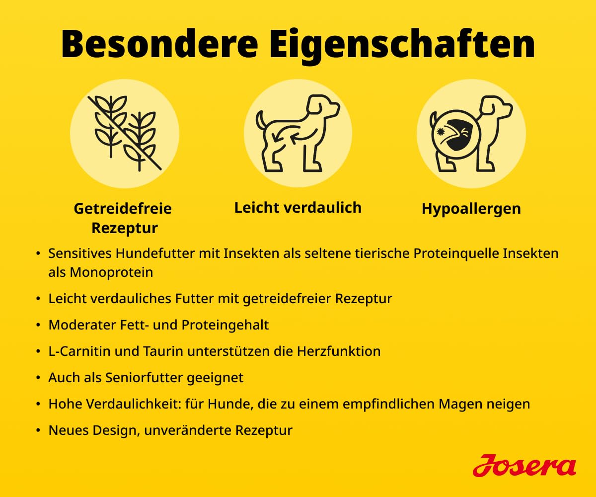 JOSERA Hypoallergenic (1 x 12,5 kg) | Adult | Premium Trockenfutter mit Insekten (Monoprotein) für Erwachsene Hunde mit Unverträglichkeiten | getreidefrei | hochverdaulich | 1er Pack