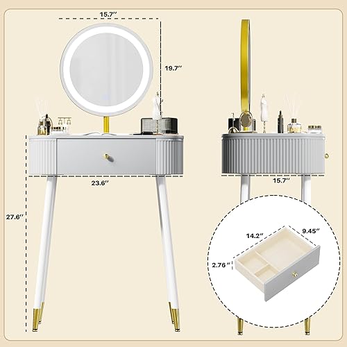 Miniatura 2 de WinZo Mesa de tocador de 24" con espejo y luces, pequeña mesa de tocador de maquillaje con 1 cajón de almacenamiento, elegante mesa de tocador con