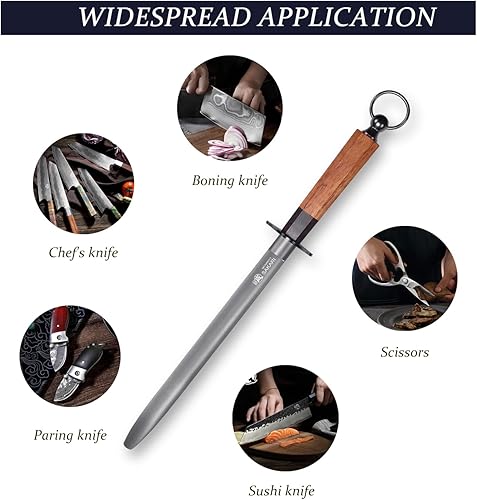 Miniatura 4 de MITSUMOTO SAKARI Varilla de afilar cuchillos japonesa de 10 pulgadas, afilador de cuchillos de cocina profesional, acero plano japonés de alto