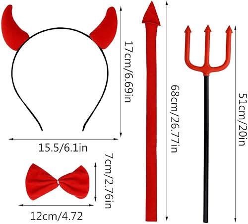 Miniatura 2 de Conjunto de disfraz de diablo de Halloween, diadema de cuerno de diablo, pajarita roja de cola de diablo, tenedor rojo demonio, accesorios de aro