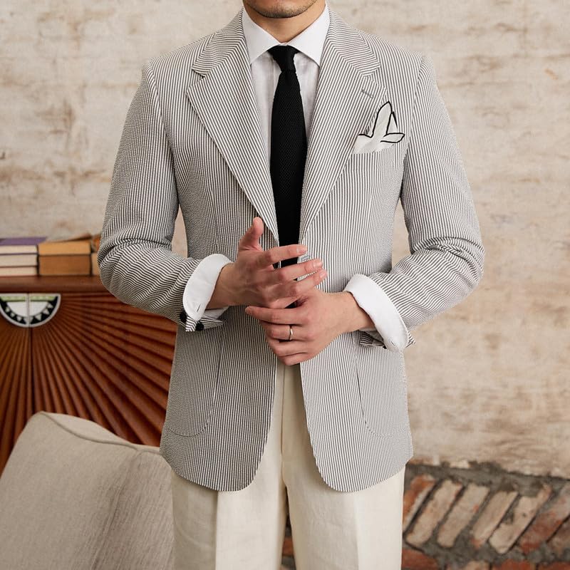 Mens Seersucker Blazer Casual Slim Fit Striped Seersucker Suit Lightweight Jacket 2 Button Blazer Sport Coat3