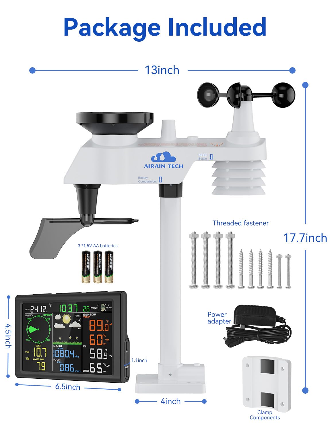 10-in-1 kabellose Wetterstation mit kabellosem Außensensor, Funkuhr, Regenmesser, Windgeschwindigkeit/Richtung, Mondphase, Barometer, Thermometer/Hygrometer, Wettervorhersage (kein WLAN)