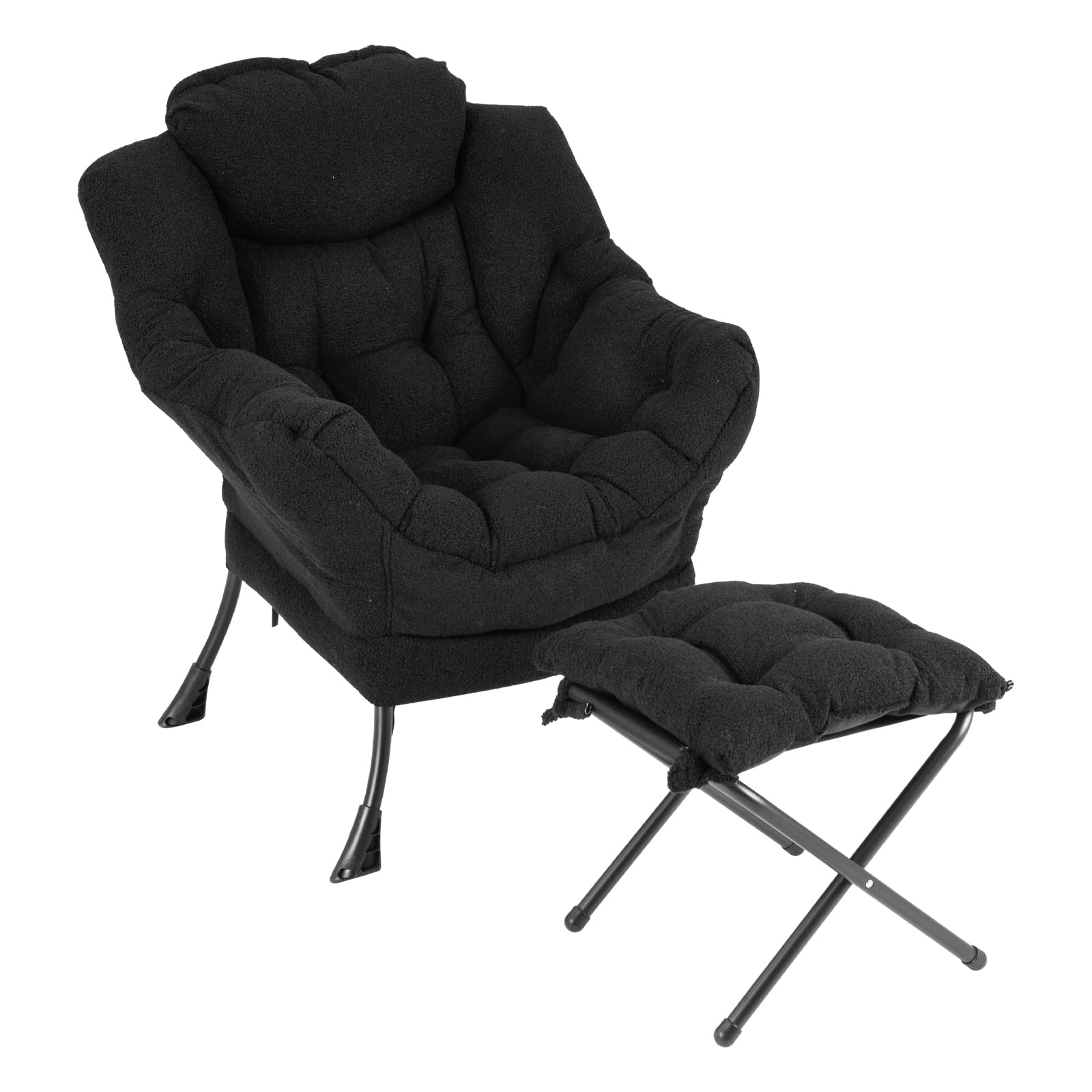 COSTWAY Armchair Accent Chair, Sherpa Upholstered Lounge Armchair Leisure Sofa Chair with Side Pocket, Metal Frame Lazy Comfy Seat Reading Chair for Living Room Bedroom (with Footstool, Black) — image 1