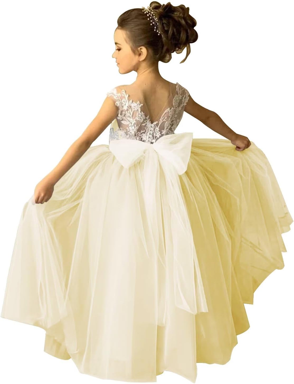 Lace Applique Tulle Flower Girl Dress for Wedding Sleeveless Long Satin Bow Knot V-Back Elegant Formal Dresses