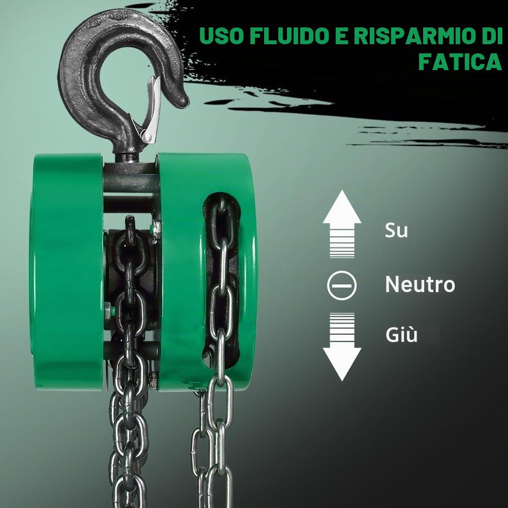 Paranco a Catena Manuale con Gancio Robusto STANEW, Altezza di Sollevamento 6,0 m, Verde,Doppia Catena di Carico,G80,Gancio di Sollevamento con Sicurezza (1 tonnellata 6,0 m)