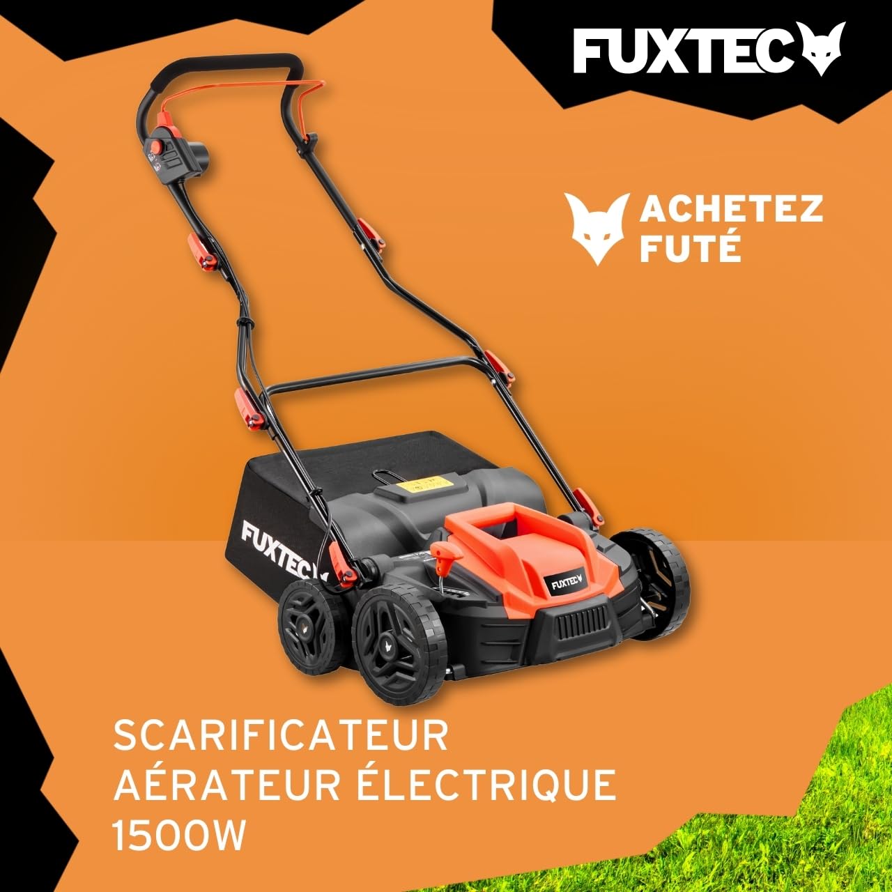 FUXTEC Scarificateur électrique FX-EV360, aérateur de gazon avec 1500 watts de puissance, largeur de travail 36 cm et réglage de la profondeur sur 5 niveaux, bac de ramassage 45 L