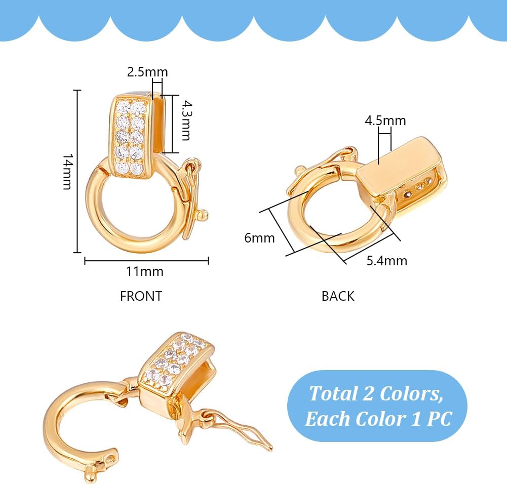 PH PandaHall 2pcs 925 Sterling Silver Enhancer Clasps, 14x11mm Jewelry Clasps Cubic Zirconia Clasps Connector Bracelet Clasp Pendant Bail Clasps for DIY Necklace Jewelry Crafts Making, Golden/Platinum - Image 2