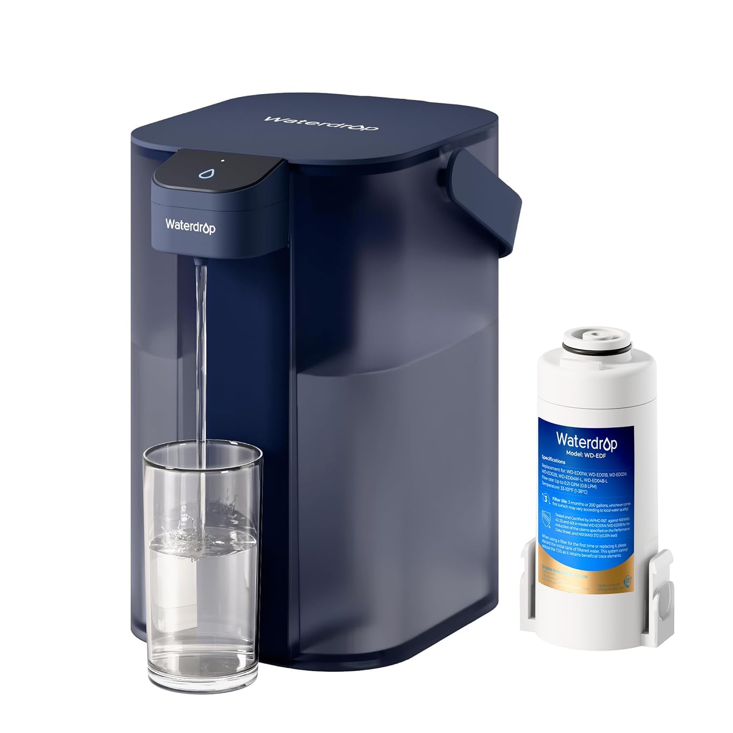 Waterdrop Caraffa filtrante elettrica istantanea con filtro per 3 mesi, sistema di filtraggio dell'acqua da banco da 3,5 l, riduce cloro, piombo, mercurio, riduce PFAS, PFOA/PFOS, 757 litri, blu (non