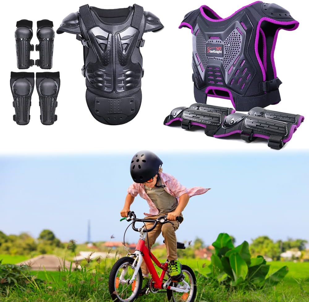StarknightMT Kids Dirt Bike Gear 2 Sets Black and Purple, Youth Motorcycle Riding Protective Gear Motocross Armor Suit Chest Protector for Boys Girls Mountain Biking Cycling