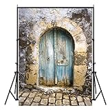 FUT 3D Retro Cement Wall Blue Door & Brick Floor LESS CREASE Backdrop Background