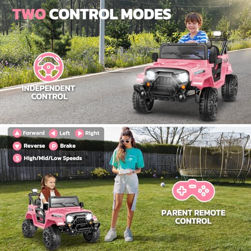 Hikole Kids Ride on Car with Remote Control, Battery Powered Car with Music Player, LED Lights, 3 Speeds, Bluetooth, Spring Suspension, Electric Car for Girls, Pink - Thumbnail 2