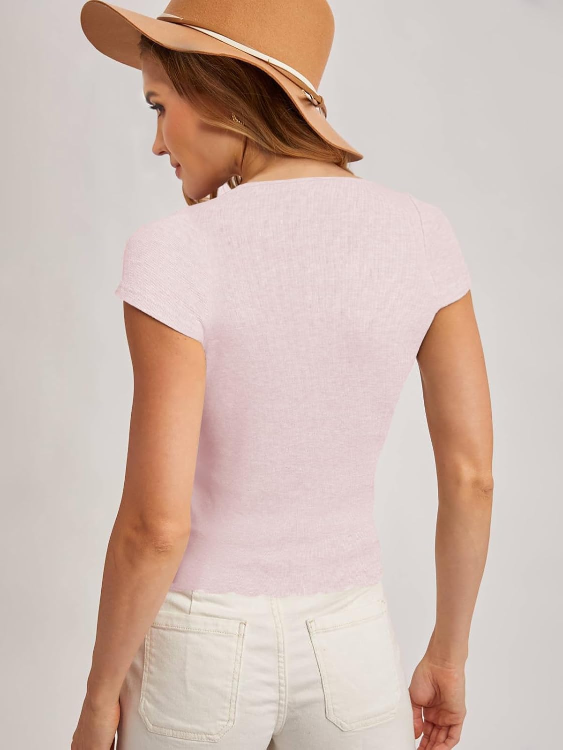 Women's Cap Short Sleeve Lace Fitted Shirts Scoop Neck Y2k Summer Going Out Tops - Image 6