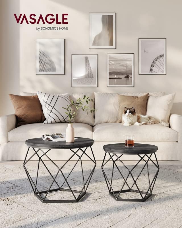 VASAGLE Small Coffee Table Set of 2, Round Coffee Table with Steel Frame, Side End Table for Living Room, Bedroom, Office, Charcoal Gray and Ink Black 19.7”Dia. x 15.7”H Charcoal Gray + Ink Black image 2 of 8 B0BM9QFN6D
