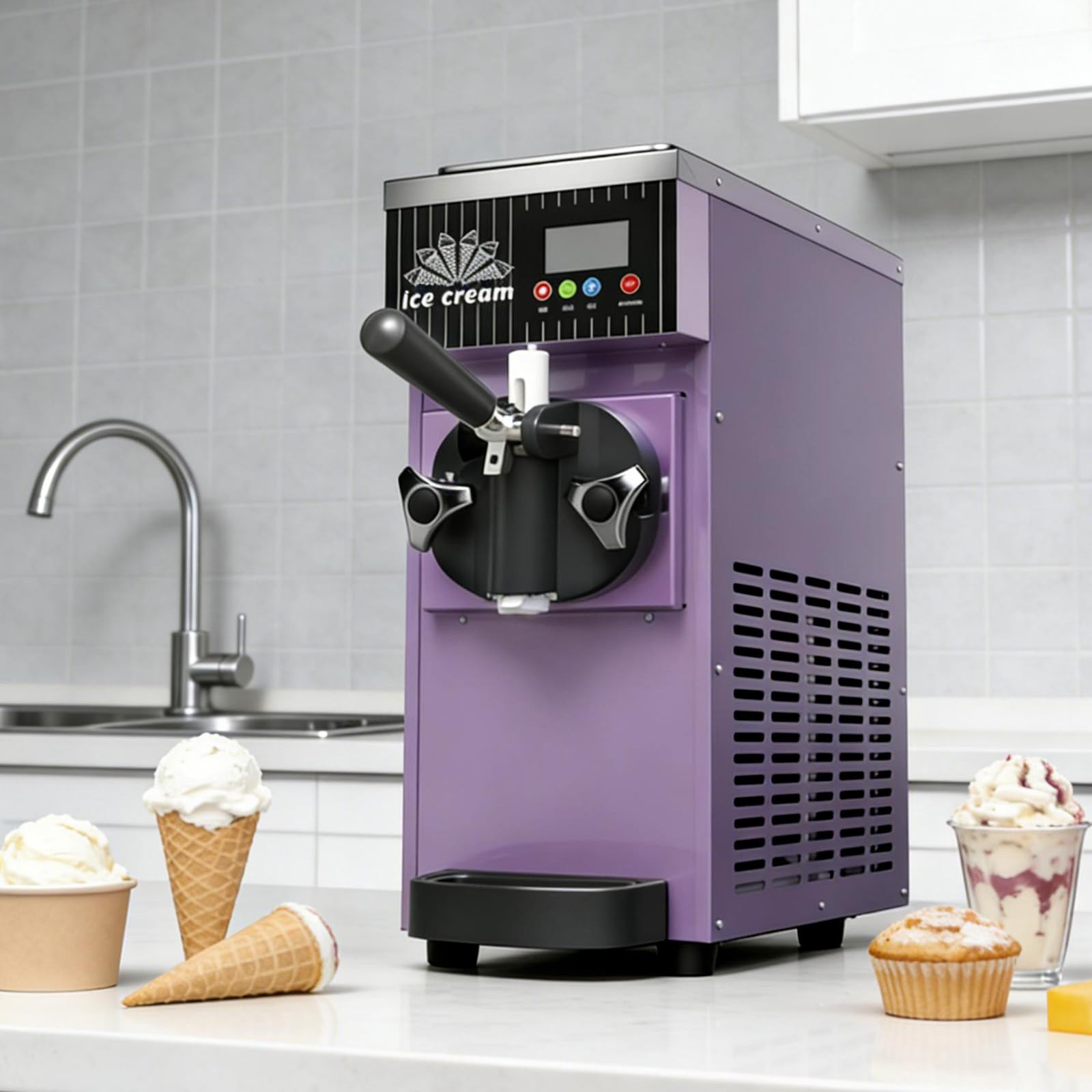 XUXIAO Commercial Soft Serve Ice Cream Maker, Single Flavor Ice Cream Machine, Countertop Dessert Maker, with Pre-Cooling,Auto Clean, for Restaurants and Shops​ Purple