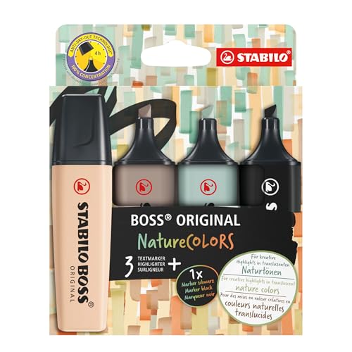 Image of STABILO Aesthetic Highlighter Pen Set | BOSS ORIGINAL NatureCOLORS | Pack of 4 | Beige, Warm Grey, Earth Green, Black