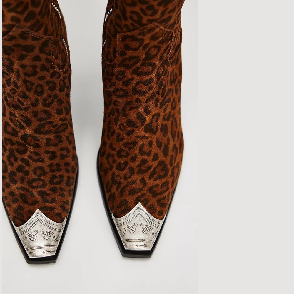 keleimusi Women's Western Cowgirl Ankle Boots Stacked Block Heel Cowboy Booties Steel Toe Heeled Short Cowboy Boots Side Zipper Western Booties for Women - Image 2