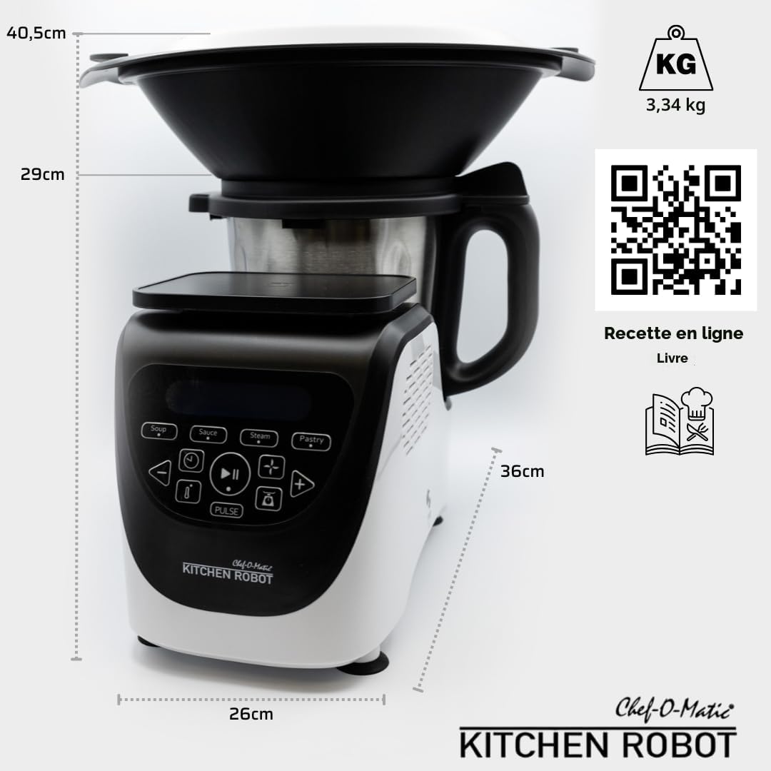 Robot de cuisine Chef O Matic Kitchen Robot, 1000 W, 3 L, 3 500 tr/min, plusieurs accessoires, 10 vitesses, robot multifonction, Écran tactile LED