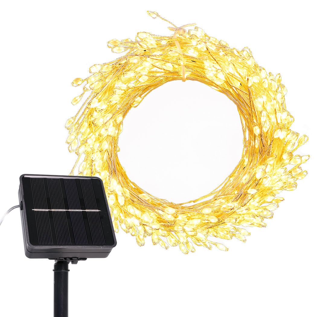 Pcores Warm White Led Solar String Light，6M 200Leds Solar Firecracker Light, 8 Mode Led Waterproof Cluster Lights Silver Copper Wire Firecrackers Fairy String Light For Walkway Yard Garden Lawn Patio(Warm White)