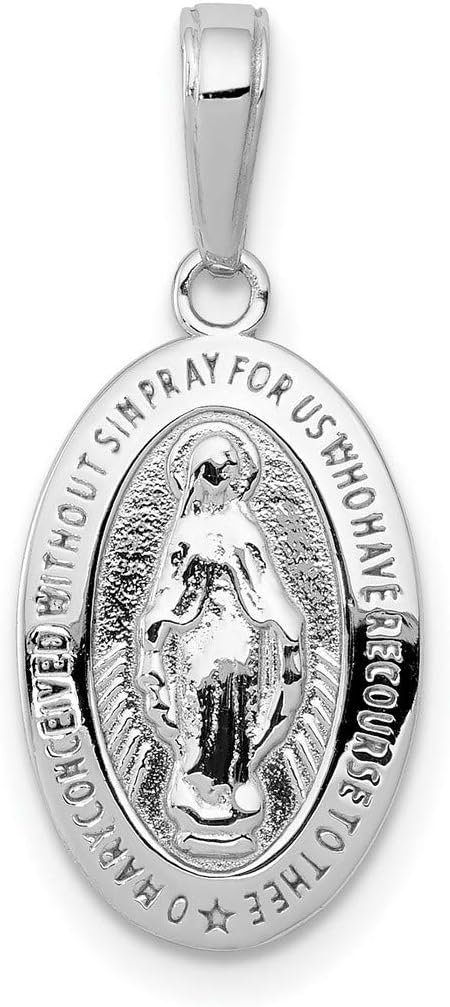 Oval Miraculous Medal Our Lady of Graces with Words Pendant in Real 14k White Gold