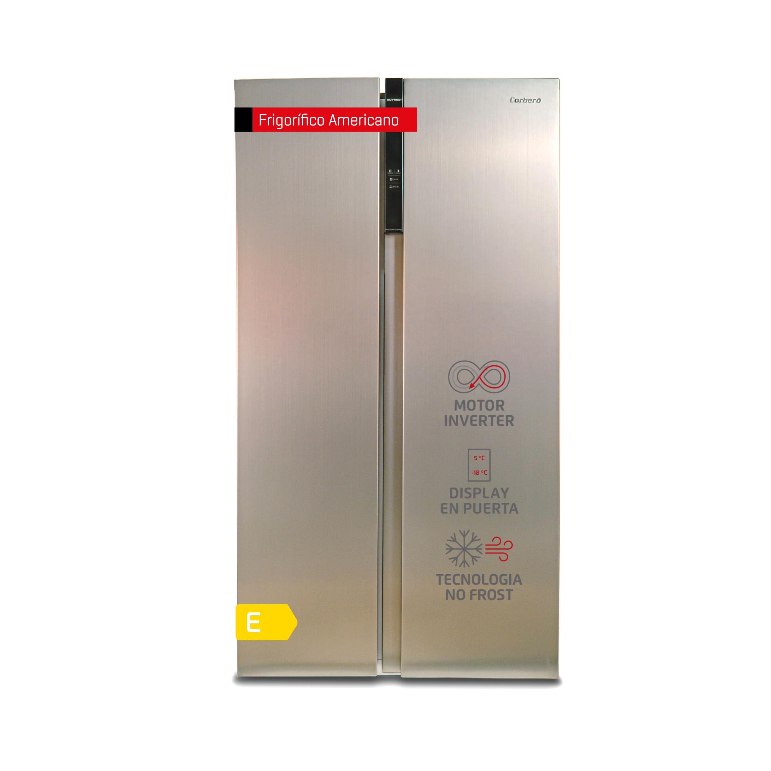 Corberó - Frigorífico Americano 442L | CFSBSH634NFX | No Frost | Inverter | Display Puerta | Luz LED | Función ECO | Estantes Cristal | Cubitera | Silver Trim | 39 Db | Energética E, Plateado