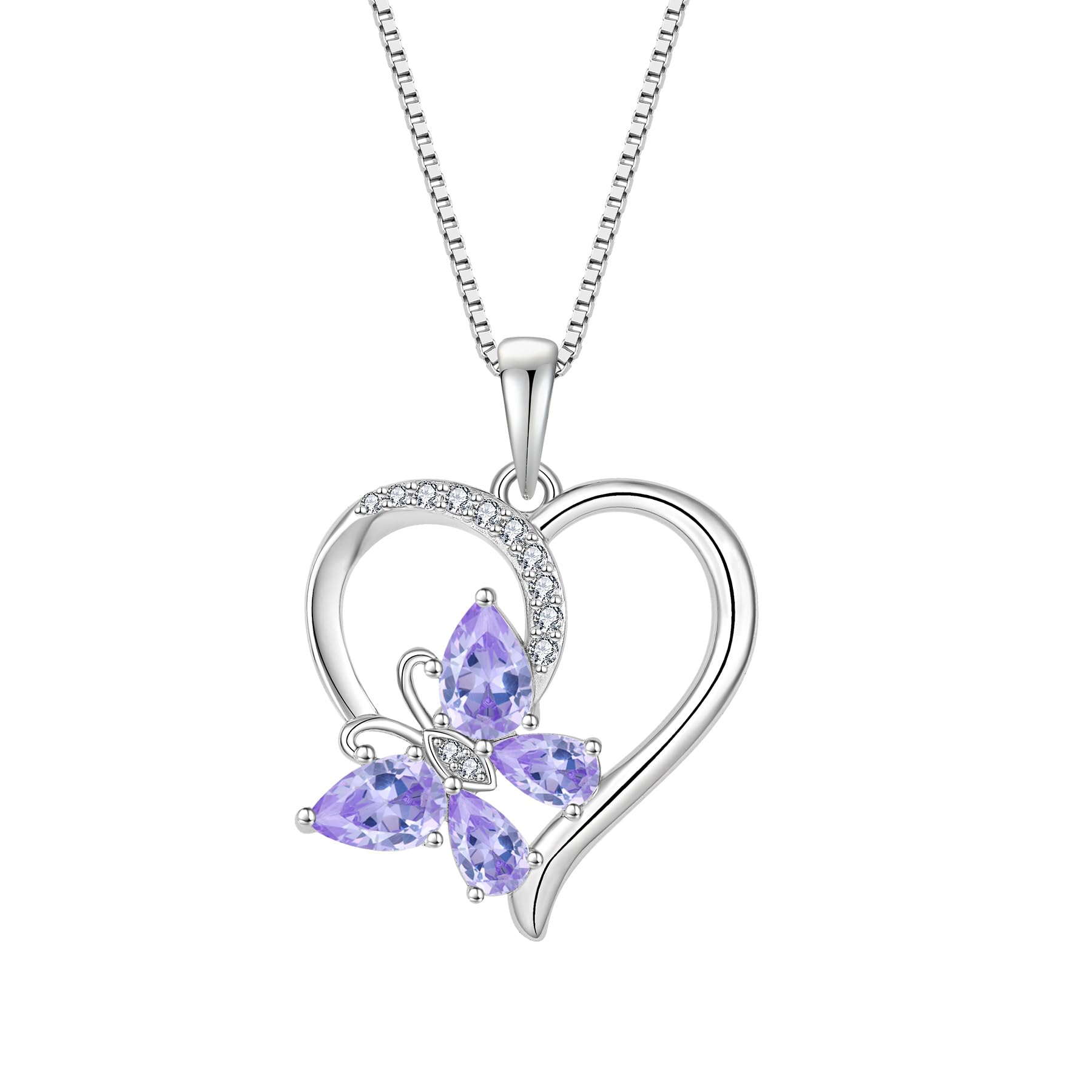 Rocayi Heart Butterfly Necklace for Women 925 Sterling Silver Birthstone Jewelry Gifts for Her