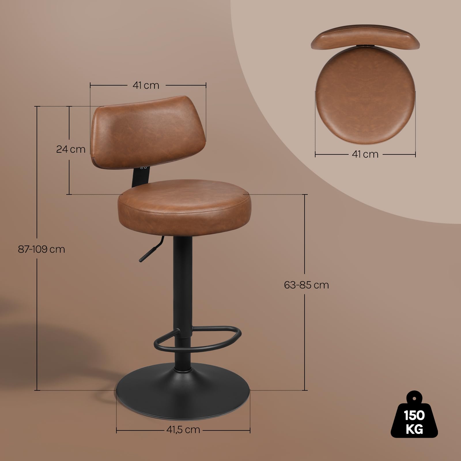 WOLTU Taburetes Altos de Cocina Giratorio con Respaldo, Marrón Rústico | 360° y Ajustable en Altura, con Reposapiés, Tapizado en Piel Sintética, para Comedor y Cafetería