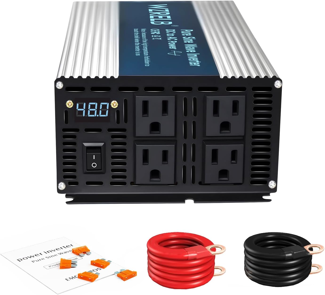 WZRELB 2000W Pure Sine Wave Inverter 48V DC to 110V 120V AC Energy Converter with LED Show, Off-Grid Moveable Energy Inverter with 4 AC Shops for House, RV, Truck, Tenting