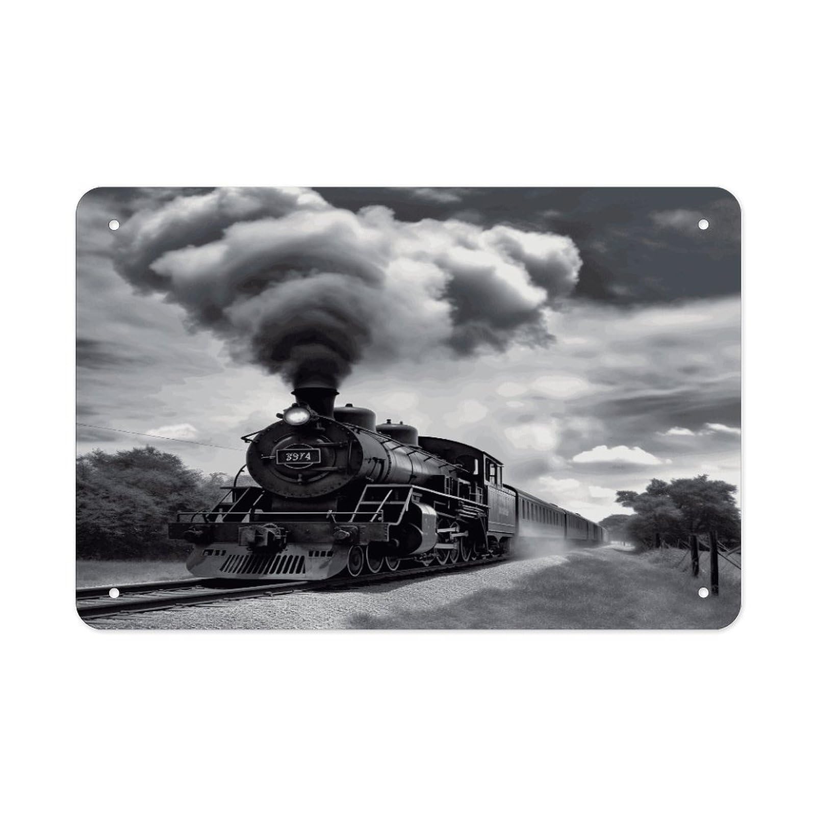 LDGSUPH Steam Train Clouds Metal Tin Sign Wall Art Prints Folded Edge Iron Sheet Painting with Holes for Wall Prints Decorative Picture Metal Signboard Decor Painting Wall Decor