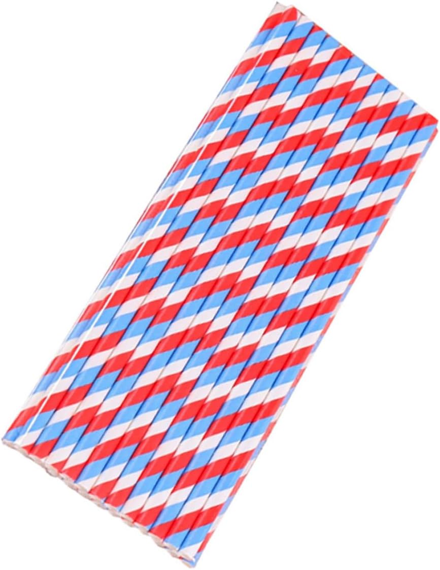 STAHAD Biodegradable Paper Straws 150pcs Blue Red Striped 197mm Disposable Xmas Festival Party Supplies for Holiday Drinks and Christmas Celebrations