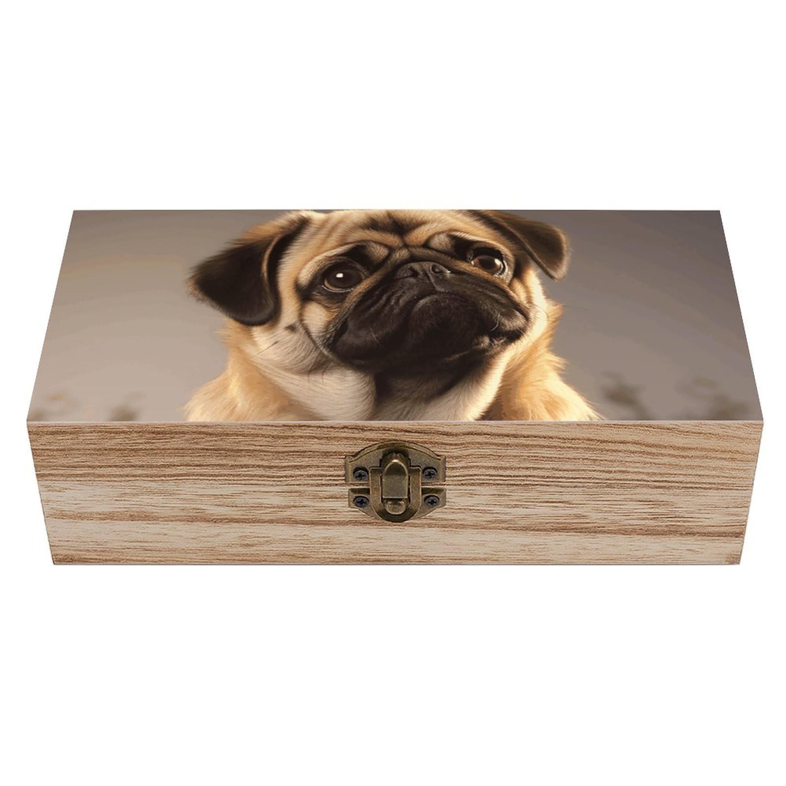 NONHAI Wooden Storage Box Cute Pug Dog Wood Gift Box with Hinged Lid Vintage Decorative Jewelry Boxes Memory Box for Jewelry Art Hobbies Home Storage Treasure Keepsake Gift 7.9''x3.9''x2.3''