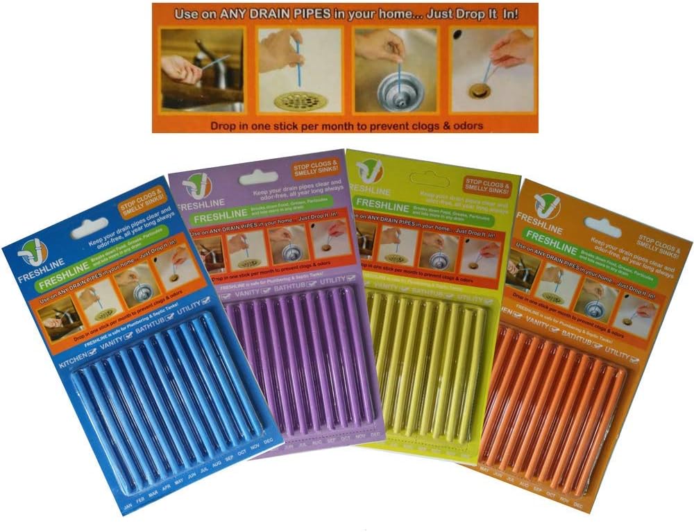 Freshline Drain Sticks Sink Cleaner Deodorizer - 48 Sticks, Sink Pipe Drain Clog Remover Stick & Odor Free Shower Cleaner Sanitizer Freshener Enzyme Sticks. Set of 4 Fragrance X 12 Pieces