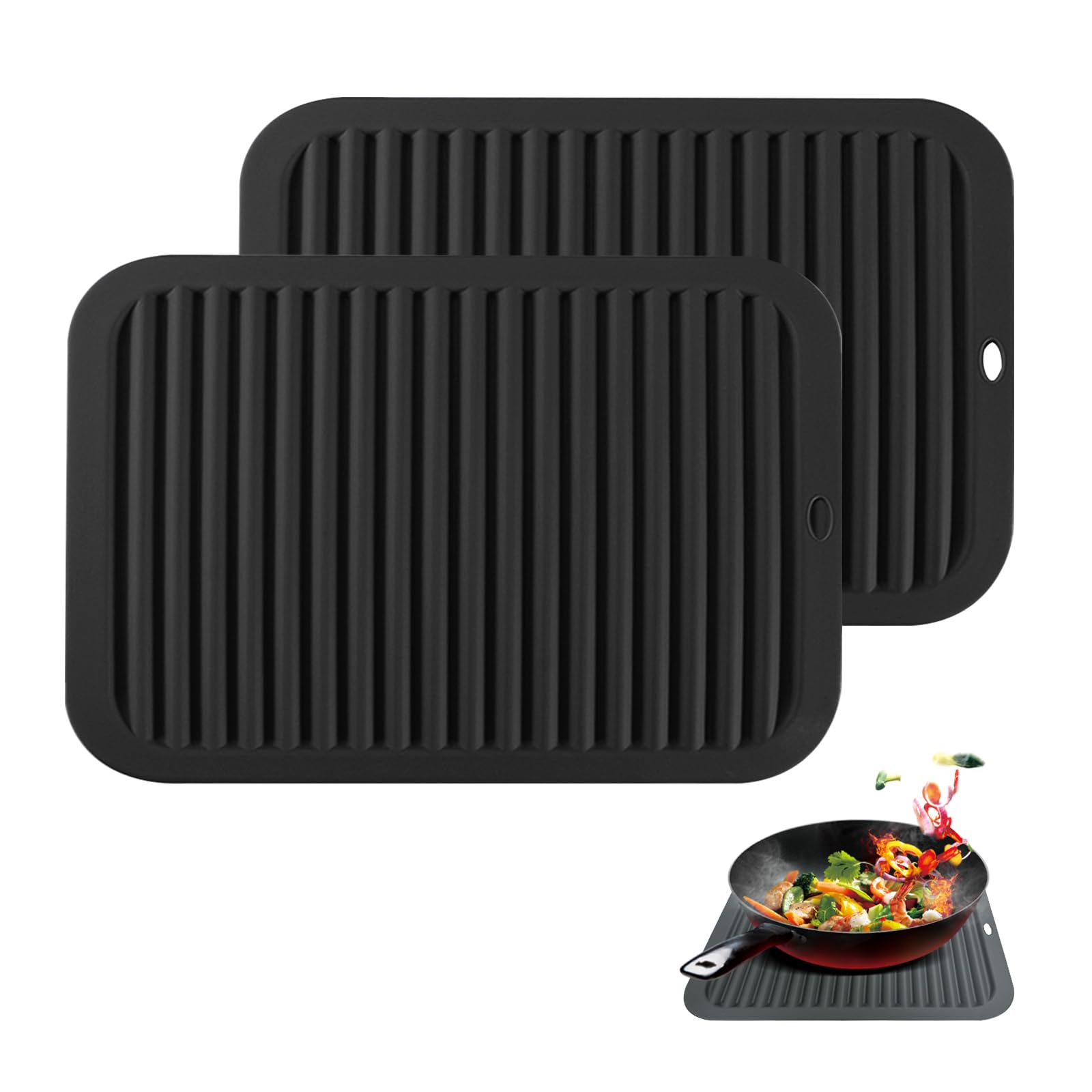2 Pack Silicone Trivets for Hot Pans and Pots, Multipurpose Silicone Trivets for Kitchen Worktops, Heat Proof Mat and Worktop Protector for Hot Dishes Pots No Slip 23x30cm Black