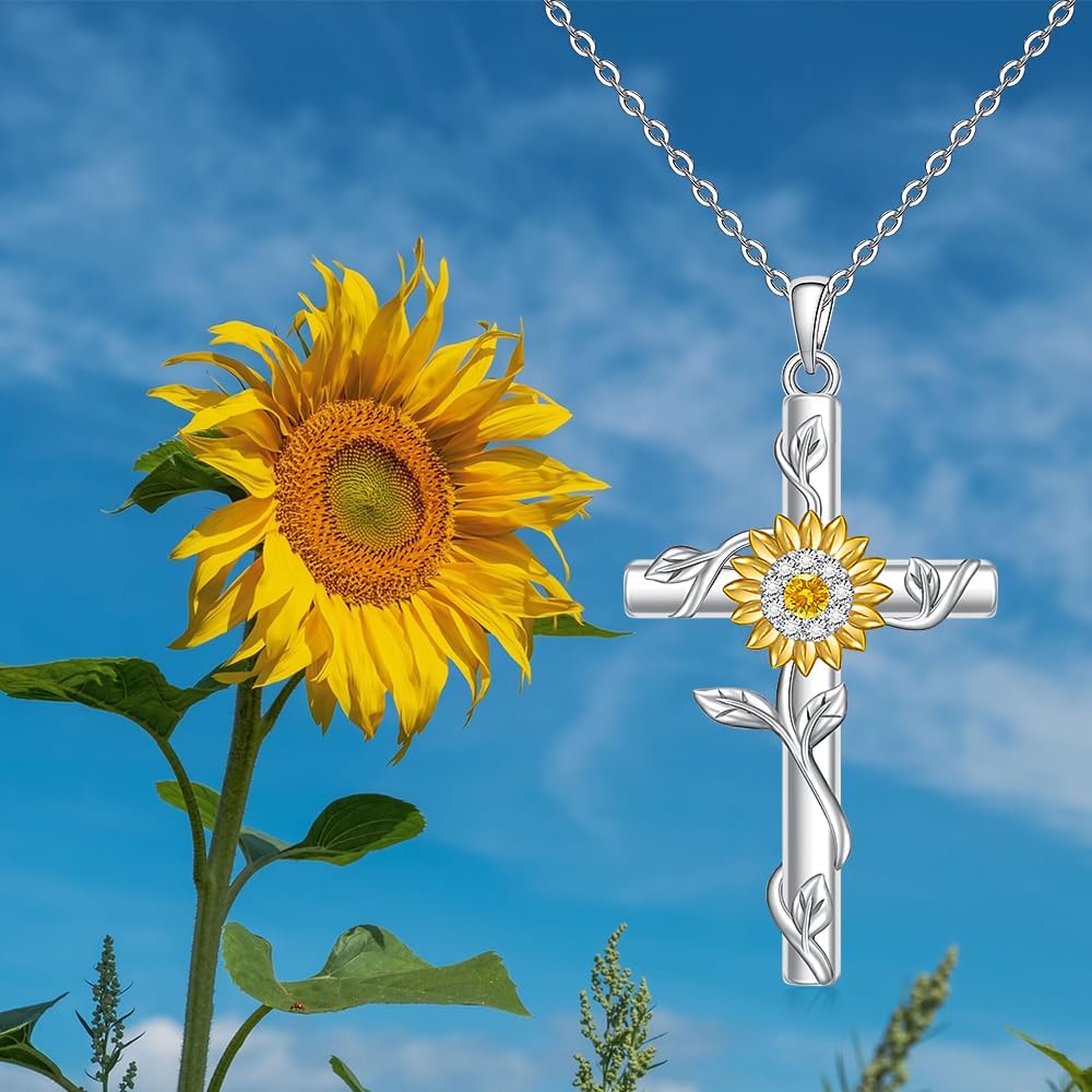 Fenthring 18k Gold Plated Sunflower Necklaces for Women, Sunflower Cross Necklace 925 Sterling Silver Sunshine Pendant Mom Jewelry Christmas Gifts for Women - Image 5