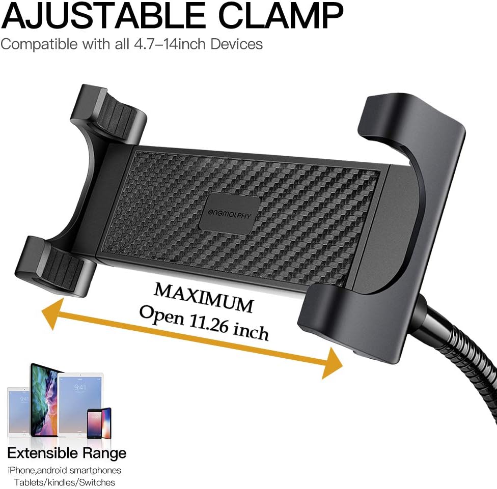 Amazing 🔥 Gooseneck Tablet Holder Stand, enGMOLPHY Heavy-Duty Aluminum iPad Clamp, Adjustable Arm Mount Clip for Bed, Compatible with iPad Pro 12.9/Air Pro11/Fire HD/Monitor and More 4.7-15 Devices-Black