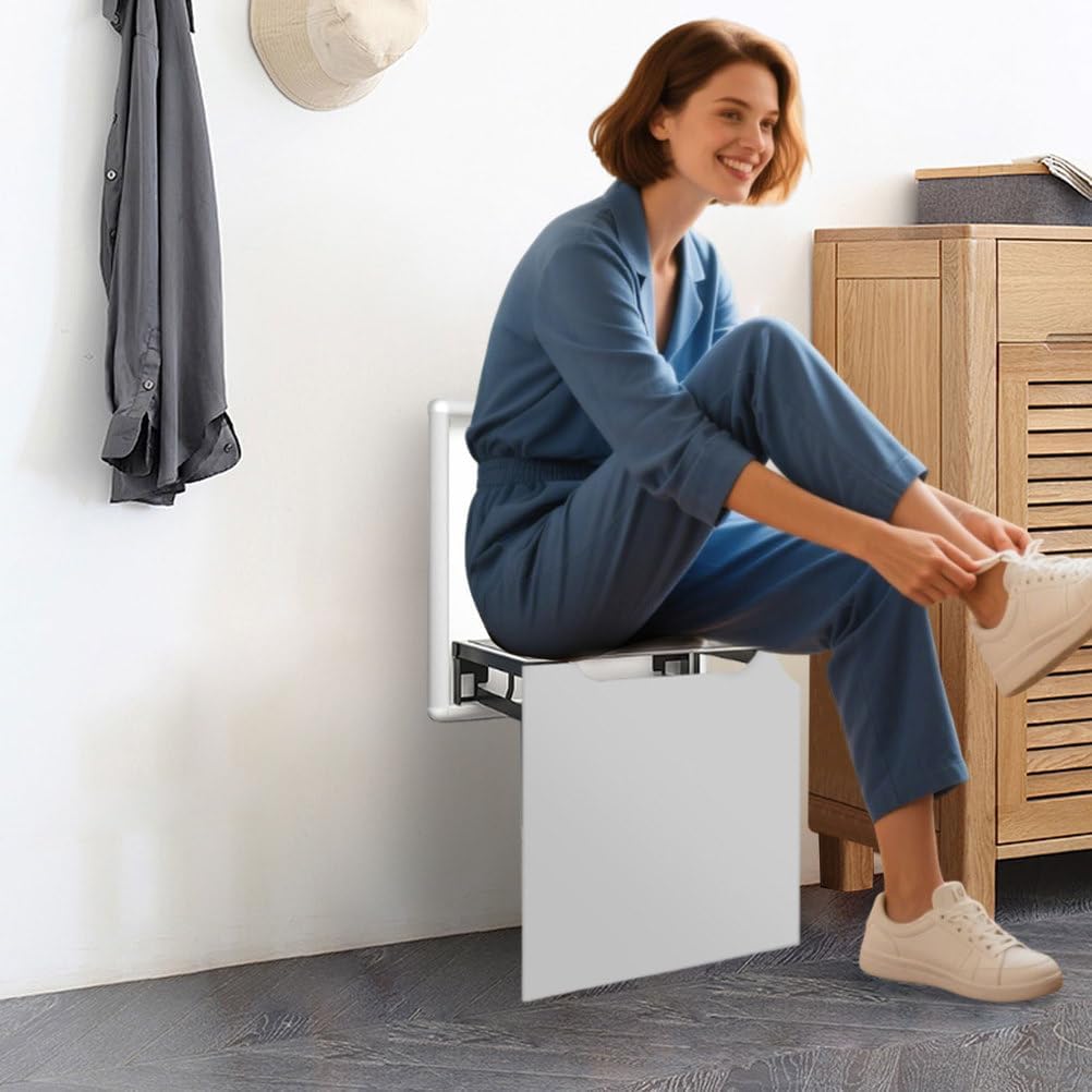AIZYR Wall Mounted Folding Chair Folding Chair, Shoe Changing Stool Hidden Wall Stools Space Saving for Entryway, Living Room,Bathroom,White