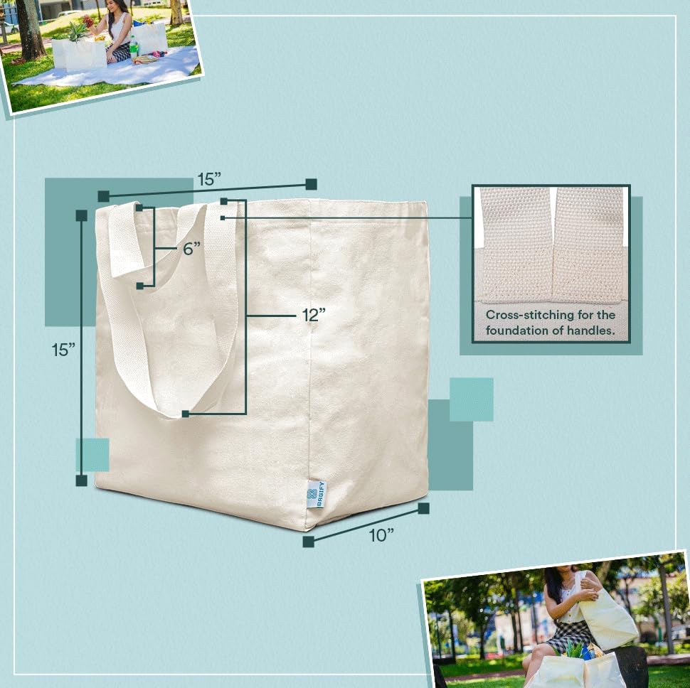 Miniatura 2 de Paquete de 3 bolsas de lona reutilizables XL con gancho de mosquetón, correas dobles y 6 bolsillos para una fácil organización y transporte, Natural