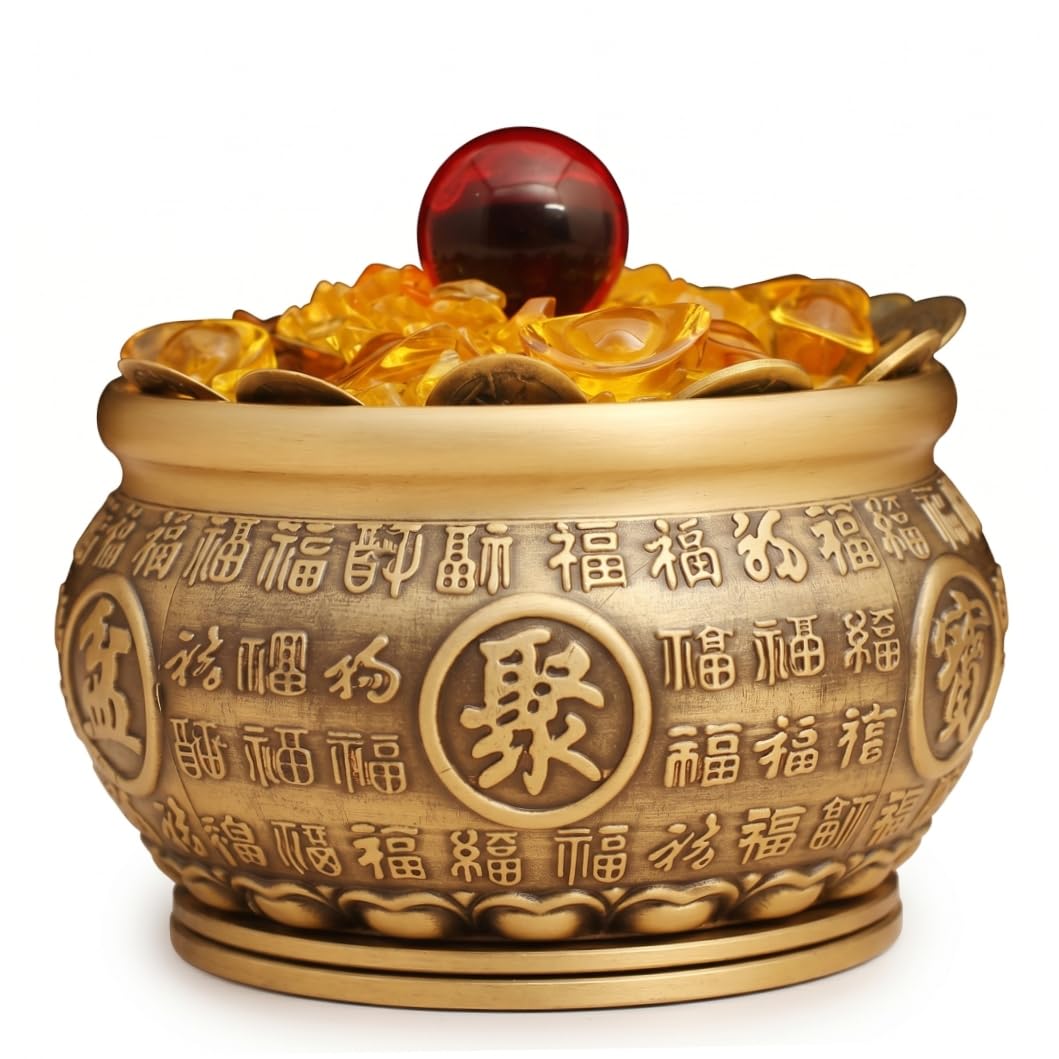 AwnsIMfreien Money Bowl with Yuan Bao, Brass Feng Shui Decor For Wealth & Prosperity, Chinese Decorations, Gold, 3.74" Mouth Diameter, Feng Shui Decor