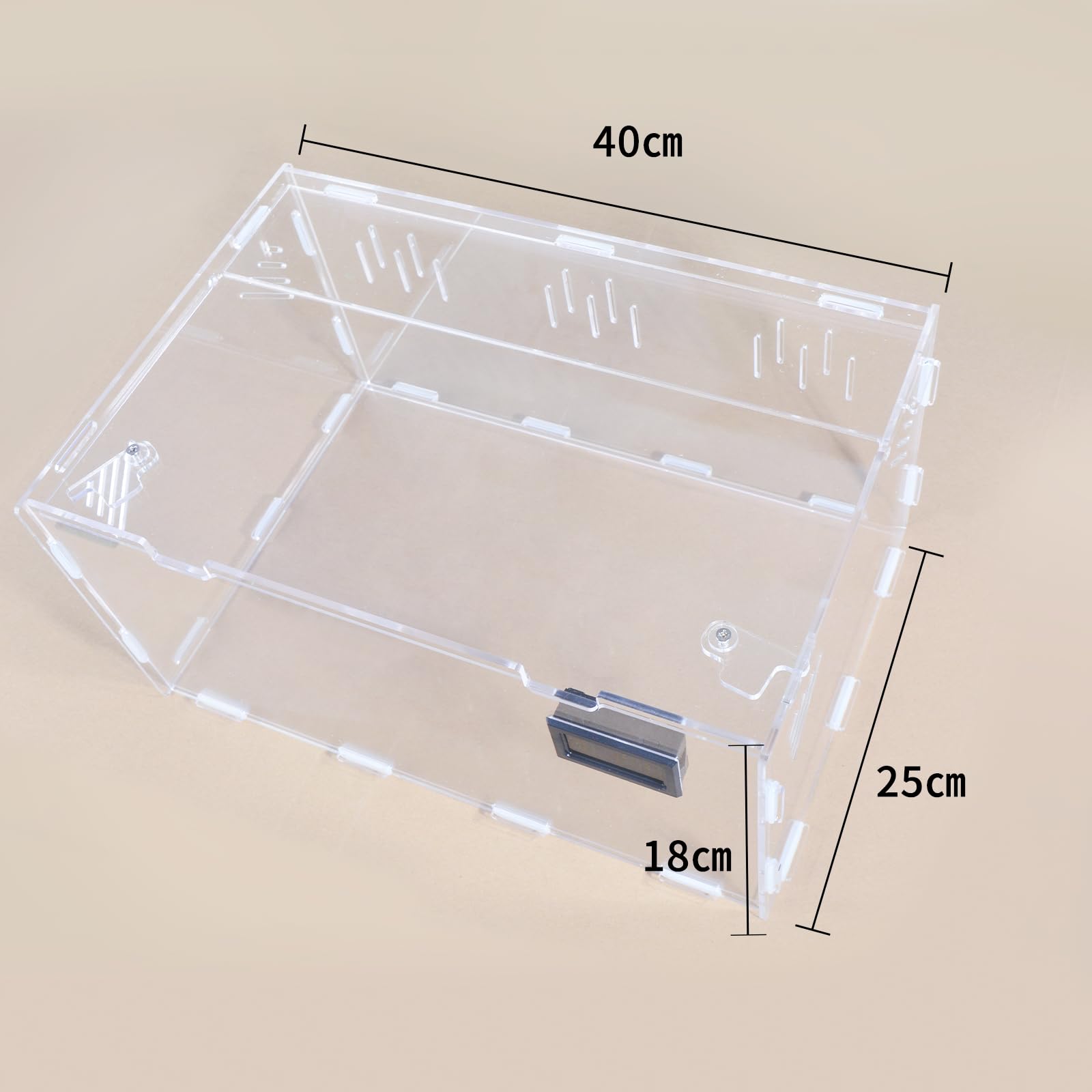 Terrarium Tank, Acryl Transparente Reptilien Futterbox Mit Temperatur Hygrometer, Insekten Futterbox, Aufzuchtbox für Spinnen, Gehörnte Frösche, Echse, Schlangen, 40 x 25 x 18 cm