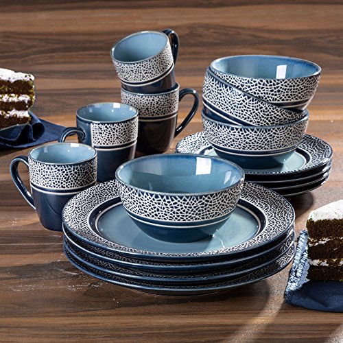 American Atelier Round Dinnerware Sets | Mosaic Blue Kitchen Plates, Bowls, And Mugs | 16 Piece High Quality Stoneware Collection | Dishwasher & Microwave Safe | Service For 4 #TOP1