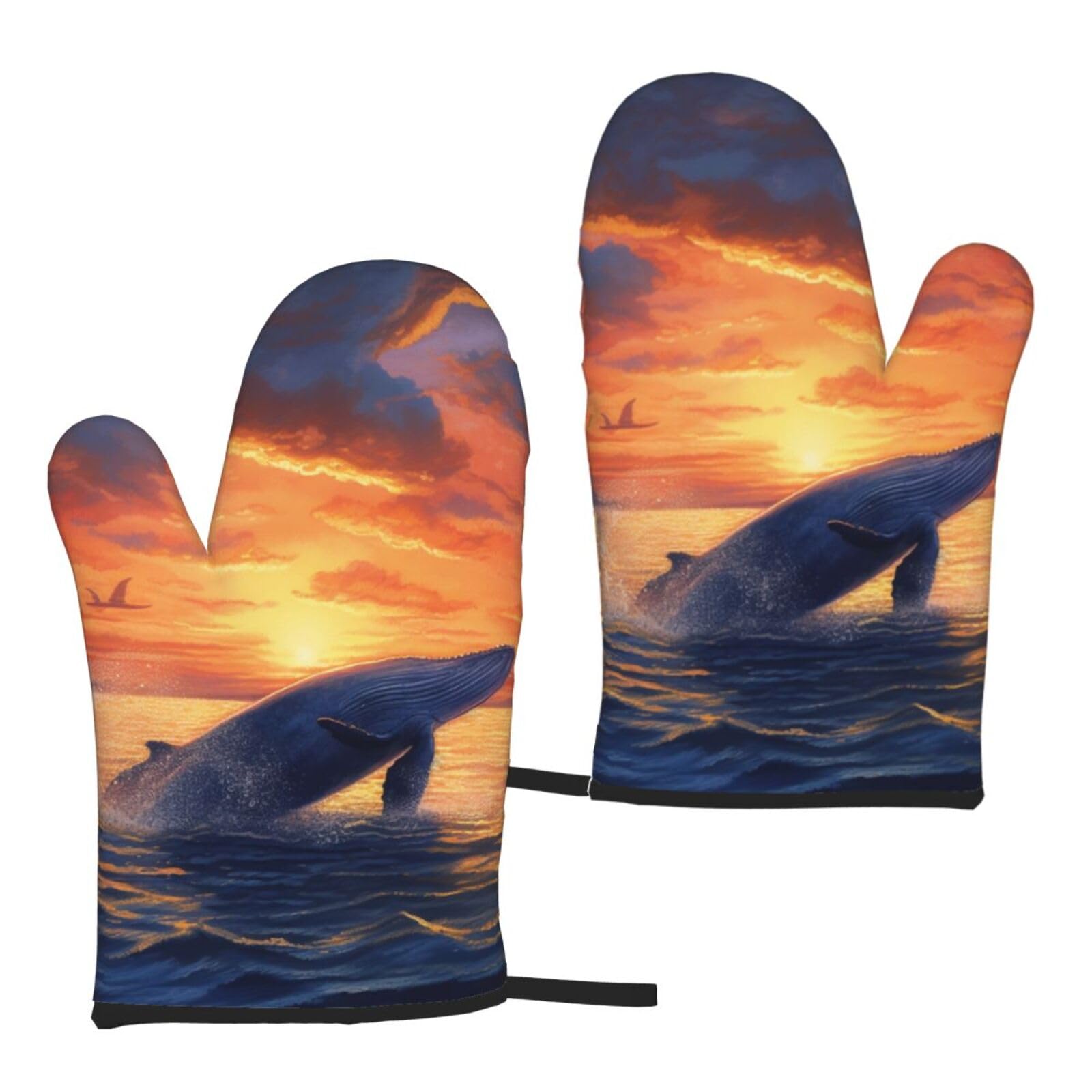 whale sunset Printed Oven Mitts Sets 2 PCS Heat Resistant and Non-Slip Glove Potholder for Kitchen Cooking Baking Grilling