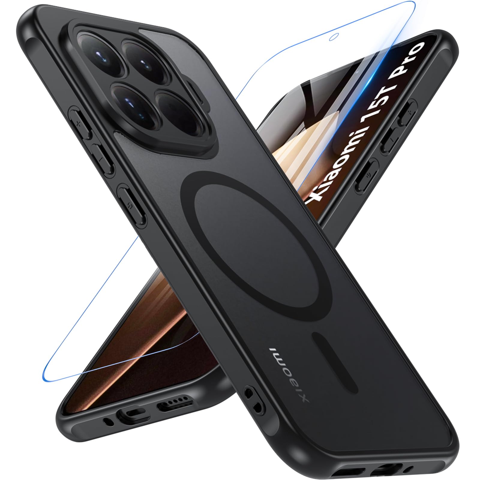 Fin2feel Magnetisch für Xiaomi 15T Pro Hülle kompatibel mit Magsafe mit Panzerglas Schutzfolie, Matt Schutzhülle Stoßfest Kratzfeste TPU Bumper Cover Case Dünn Handyhülle für Xiaomi 15T Pro, Schwarz