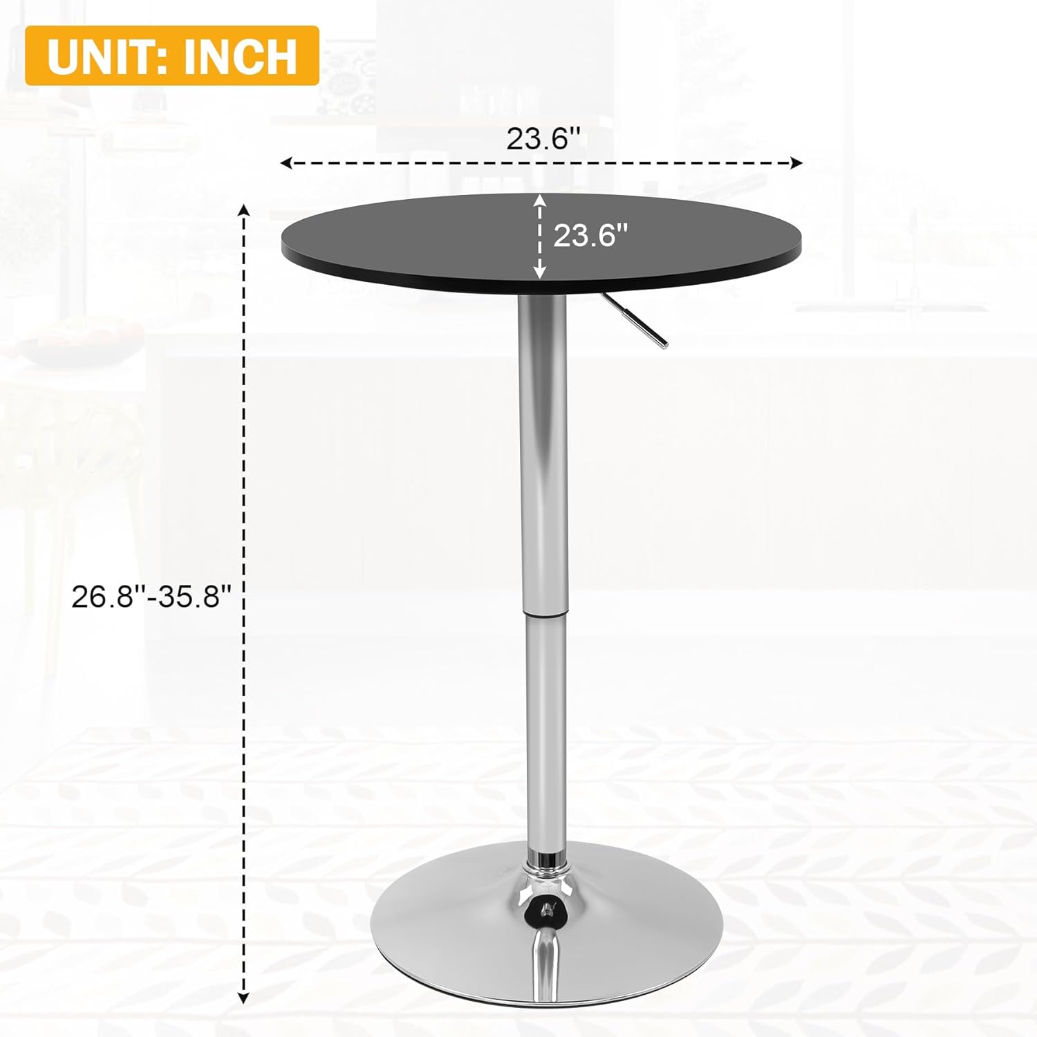 BLKMTY Round Bar Table Adjustable Height and 360° Swivel Bar Tables Counter Height Cocktail Bistro Table with MDF Top, Silver Leg Base for Bar, Bistro, Café, Black