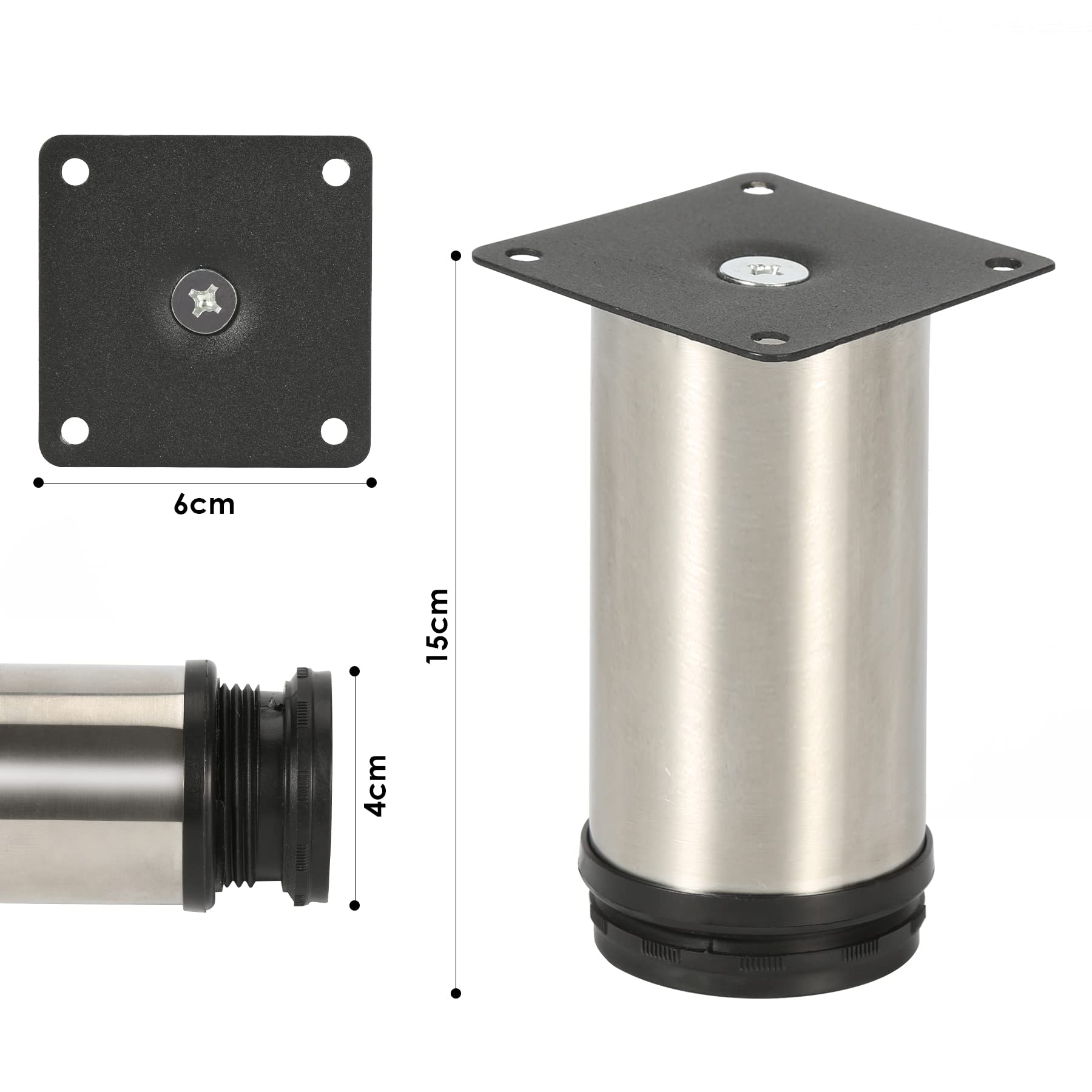 Gimisgu Juego de 12 patas redondas para muebles de acero inoxidable, altura de 150 mm, altura ajustable: 15 mm, soporta hasta 250 kg, adecuado para sofá, cama, mesita de noche, armario