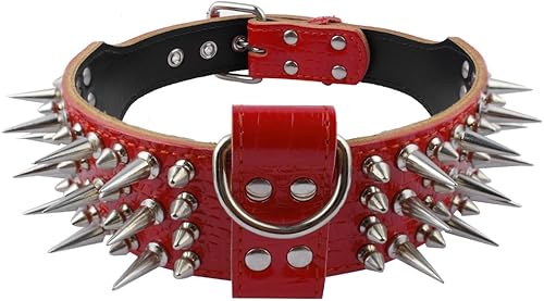 PET ARTIST Collares de perro de cuero genuino de lujo de 2 pulgadas de ancho con tachuelas para perros medianos y grandes, rojo, XL, cuello para