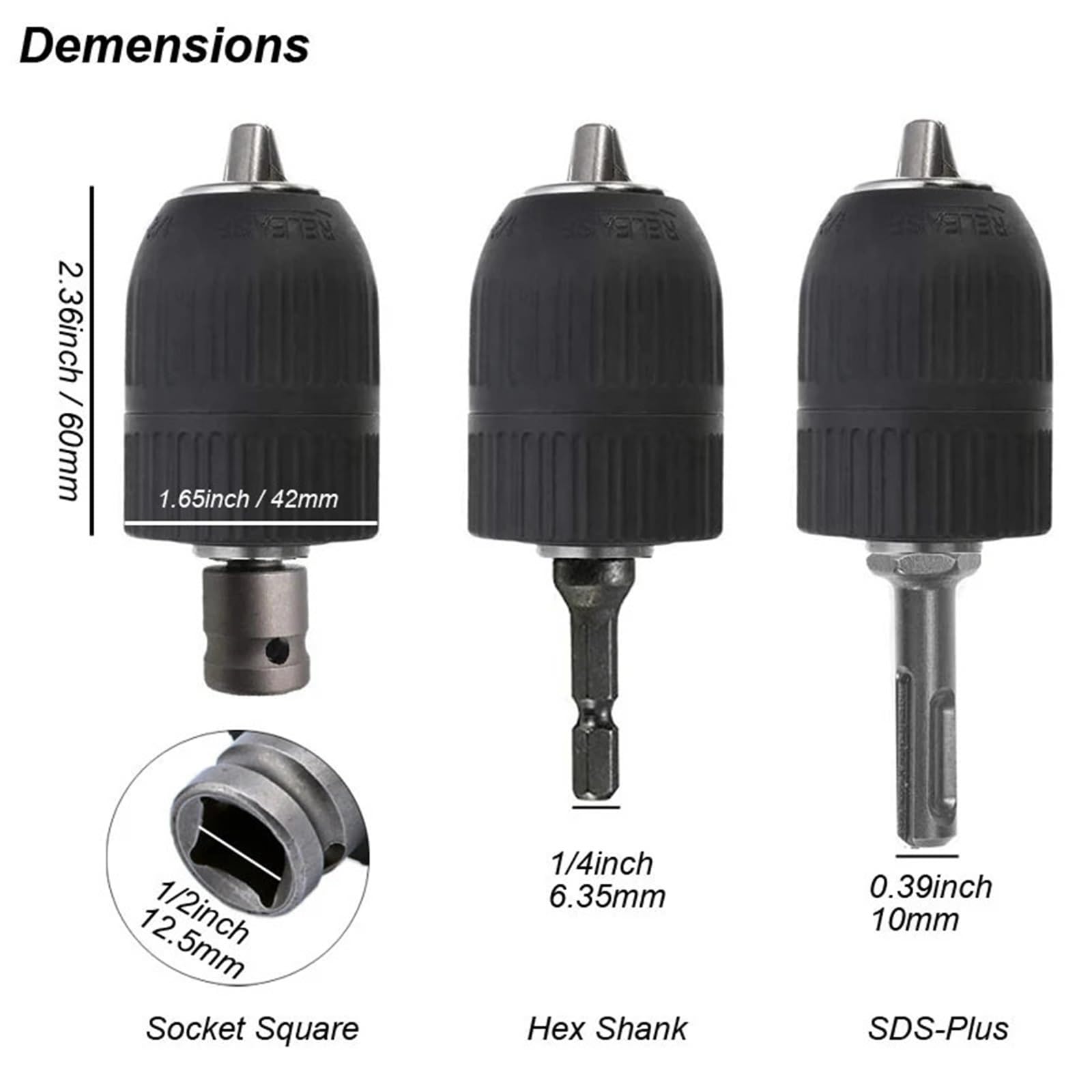 Mandril De Perforación Sin Llave, Convertidor De 2-13 Mm, Rosca De 1/2"-20UNF, Adaptador De Cambio Rápido, Destornillador De Impacto Hexagonal SDS De 1/4", Broca For Llave(1 Chuck 3 Adapters)